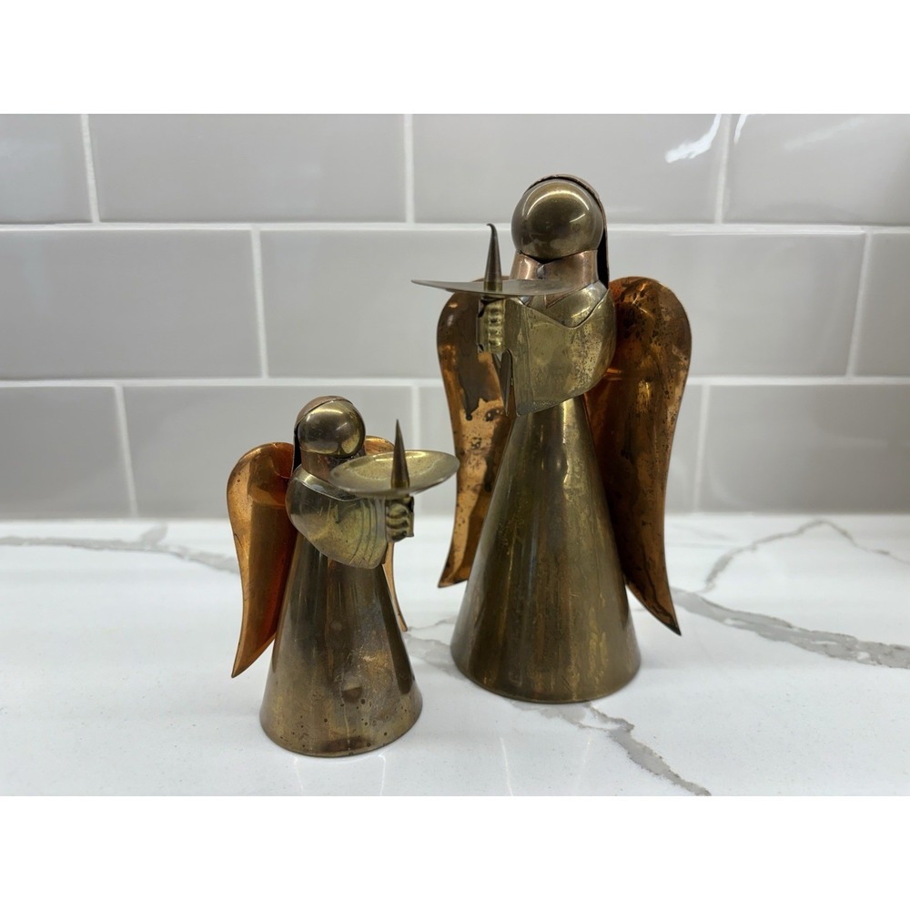 Vintage 1970s Lot of 2 Brass & Copper Angel Candle Stick Holders MCM Christmas